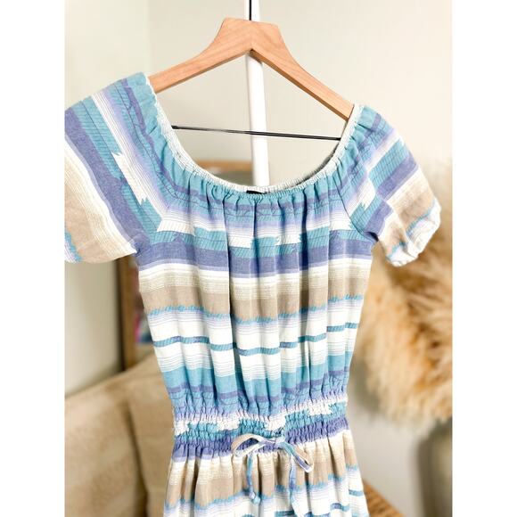 Anthropologie Drew Blue Stripe Off Shoulder Mini Dress Small Puff Sleeve - Picture 2 of 8